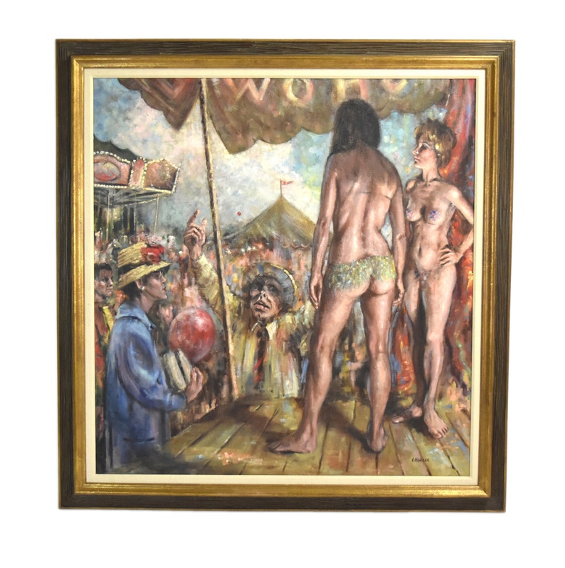 Richard Hauser Oil Painting Traveling Burlesque Dancers w Carnival Barker and Crowd image 1