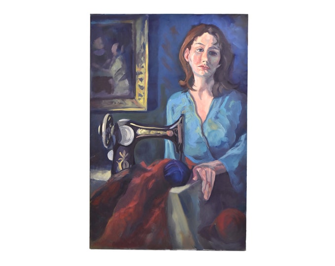 Woman at Sewing Machine in Turquoise Dress Oil Painting Lenell Chicago Artist