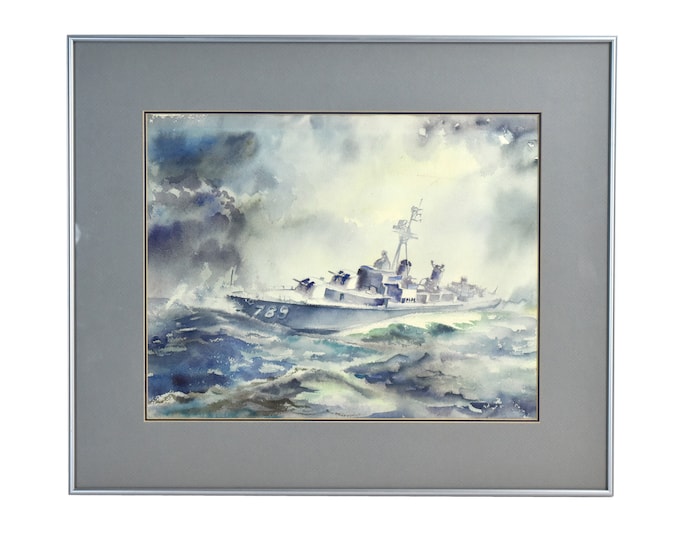 Vintage Original Watercolor Painting USS Eversole Destroyer Battleship at Sea