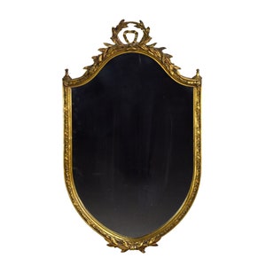 Antique Shield Form Gilt Wood Wall Mirror w Laurel Leaf Crest and Border image 1