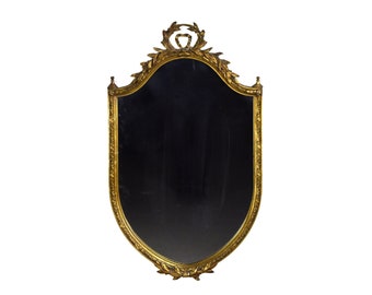 Antique Shield Form Gilt Wood Wall Mirror w Laurel Leaf Crest and Border