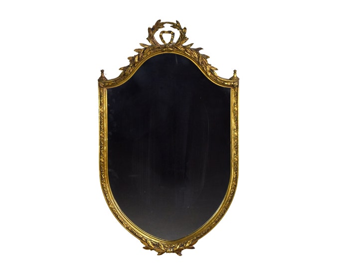 Antique Shield Form Gilt Wood Wall Mirror w Laurel Leaf Crest and Border