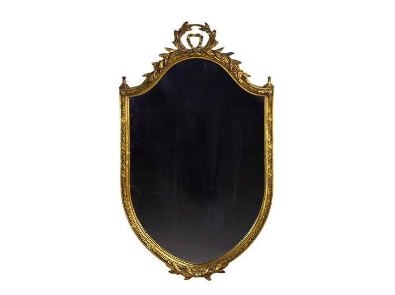 Antique Shield Form Gilt Wood Wall Mirror w Laurel Leaf Crest and Border image 1
