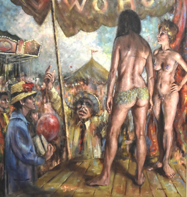 Richard Hauser Oil Painting Traveling Burlesque Dancers w Carnival Barker and Crowd image 2