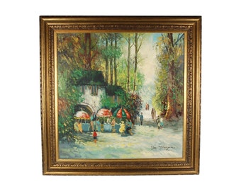 Charming Outdoor Cafe in Forest Midcentury Impressionist Oil Painting sgd Von Thongen