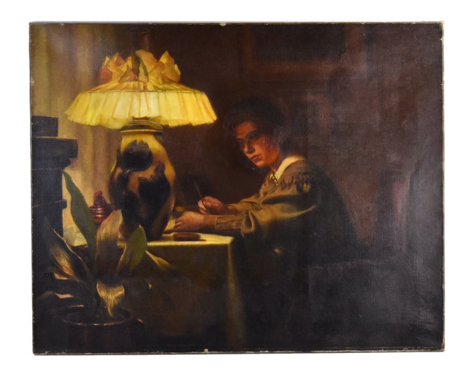 Antique Danish Oil Painting Interior Woman Reading Arts Crafts Lamplight Christian Clausen