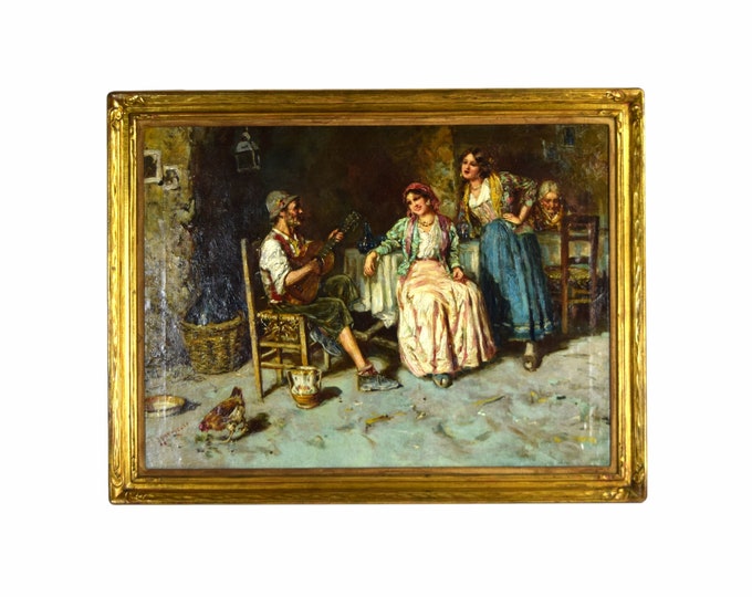 Antique Giuseppe Giardiello Italian Oil Painting Osteria Interior Musician Women Singing