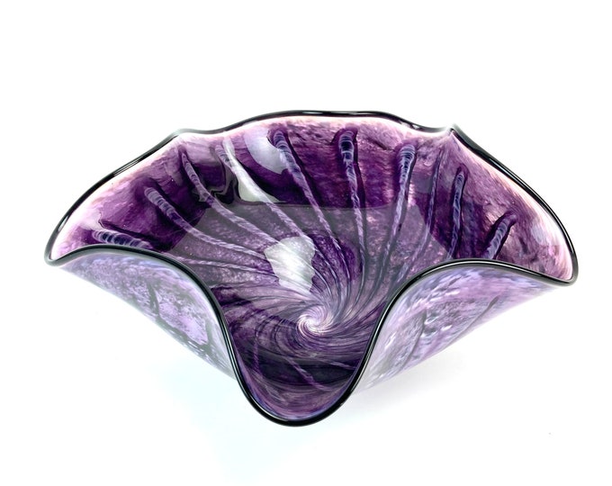 Robert Eickholt Studio Art Glass Large 12" Purple Swirl Ruffled Bowl w Lip Signed