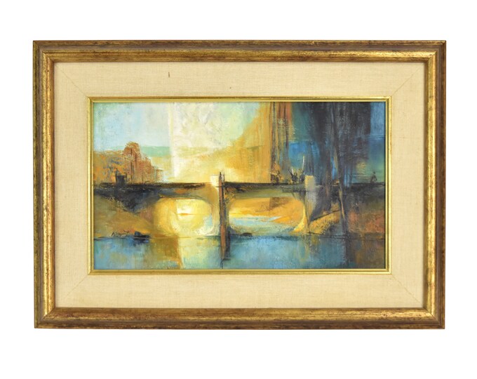 Rudi Klimpert Fishermen on Bridge Midcentury Modern Abstract Painting