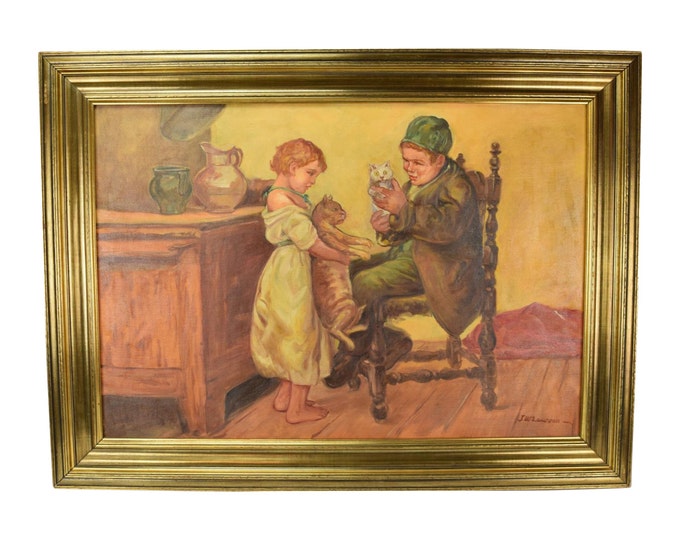 Circa 1920’s Large Oil Painting Brother Sister Playing w Cats Signed Lawson