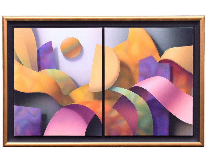 1989 Daniel Heide Geometric Sphere and Ribbons Abstract Diptych Large 7ft Painting