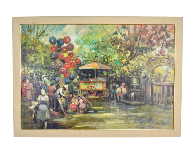 Midcentury Modern Impressionist Street Scene Park Balloon Vendor Children sgd Giovanetti
