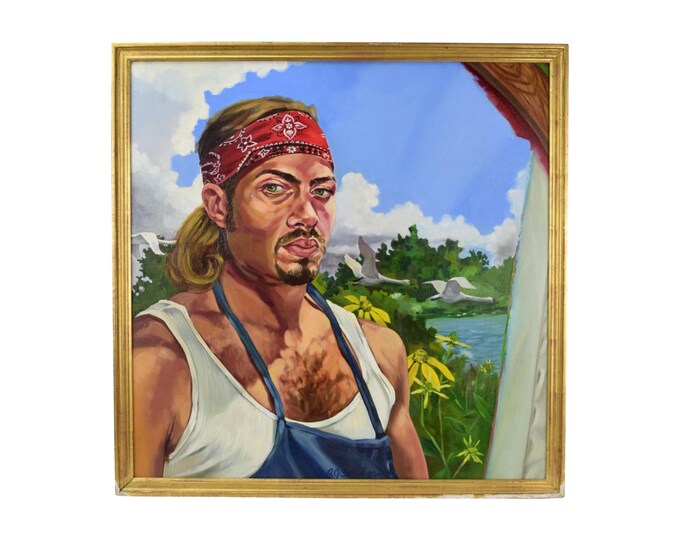 Oil Painting Portrait of Man Wearing Tank Top and Bandana Bondgren Chicago Artist
