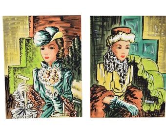 Pair 1940's Gouache Paintings Fashionable Woman in Vintage Clothing signed Renauld