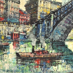 Vintage Midcentury Modern Oil Painting Seine River Barges under Bridge Paris sgd image 3