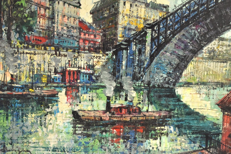 Vintage Midcentury Modern Oil Painting Seine River Barges under Bridge Paris sgd image 3