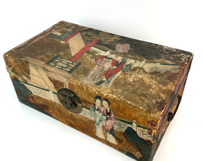 Antique Chinese Hand Painted Pigskin Leather Document Box Jewel Casket