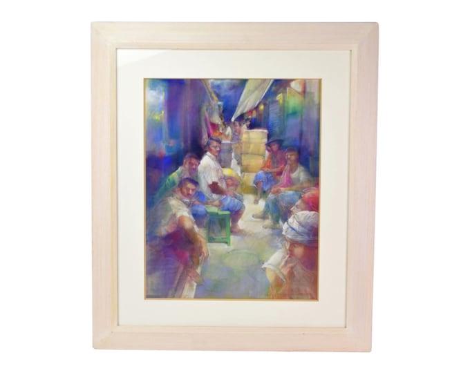 Haunting Color Pastel Drawing Locals Resting in Latin American Alley Market