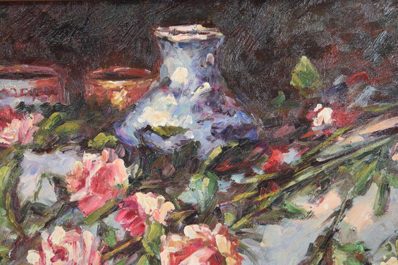 Impressionist Oil Painting Still Life Blue White Vase w Flowers signed Sully Misso image 4