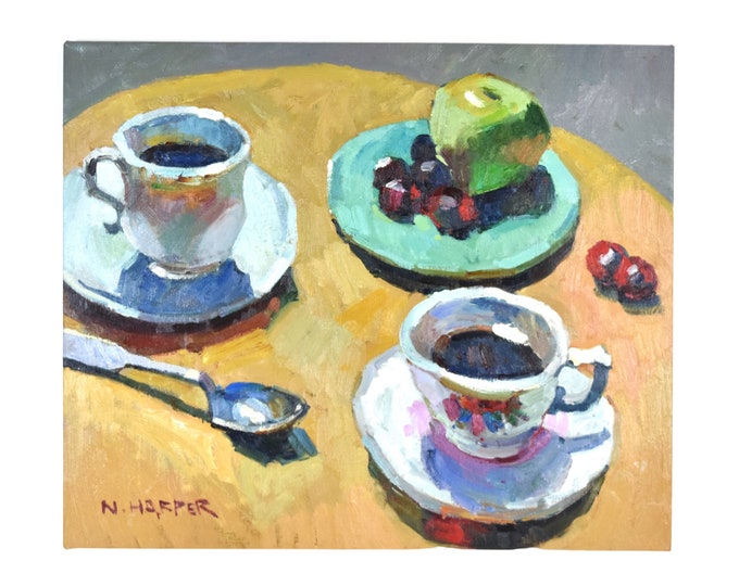Vintage Impressionist Still Life Oil Painting Teacups with Apple and Cherries sgd Harper