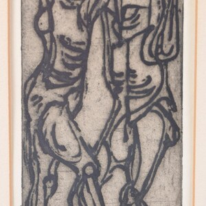 Vintage Surrealist Abstracted Woodcut Print of Armored Figures in Combat image 2