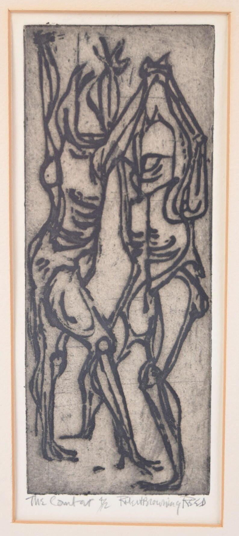 Vintage Surrealist Abstracted Woodcut Print of Armored Figures in Combat image 2