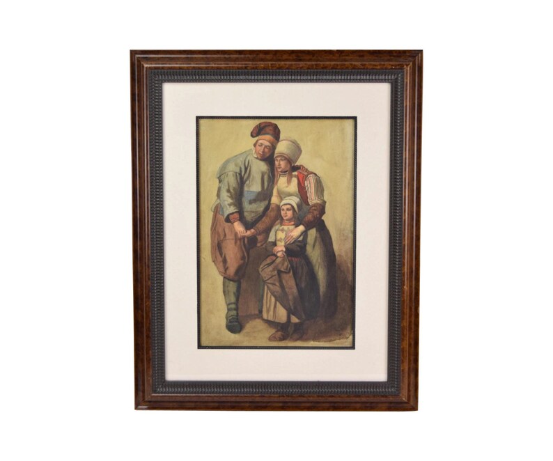 19th Century Watercolor Painting French Peasant Family Mom Dad w Daughter image 1