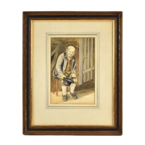 19th Century English Watercolor Old Man on Stool with Cane and Hat image 1