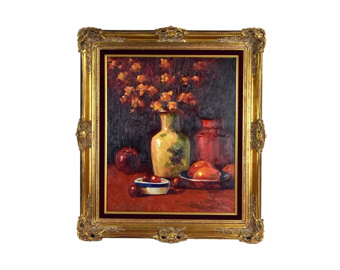 Vintage Impressionist Still Life Painting Vase with Flowers Fruit signed Harper