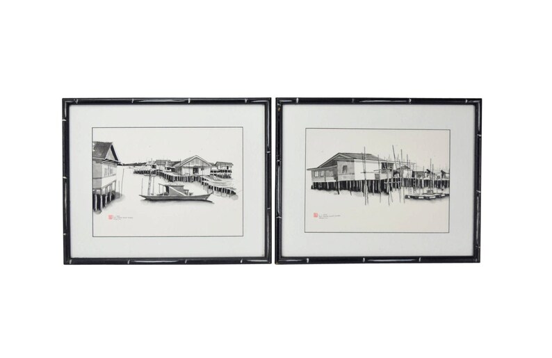 Pair Pen & Ink Watercolor Paintings Malaysian Fishing Village Scene by L. L. Wee image 1