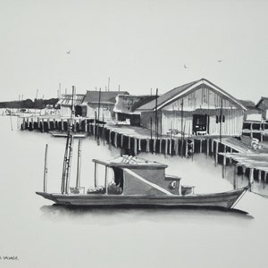 Pair Pen & Ink Watercolor Paintings Malaysian Fishing Village Scene by L. L. Wee image 3