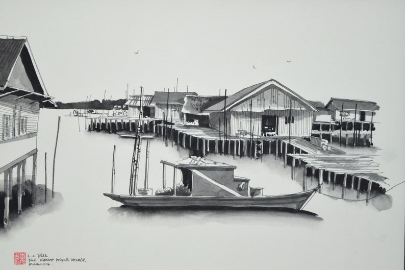 Pair Pen & Ink Watercolor Paintings Malaysian Fishing Village Scene by L. L. Wee image 3