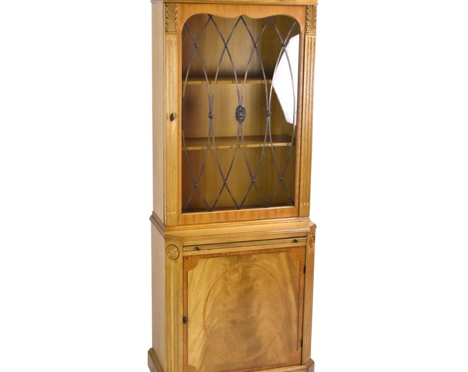 Vintage Neoclassical Blonde Burled Wood Mahogany Vitrine Curio Cabinet