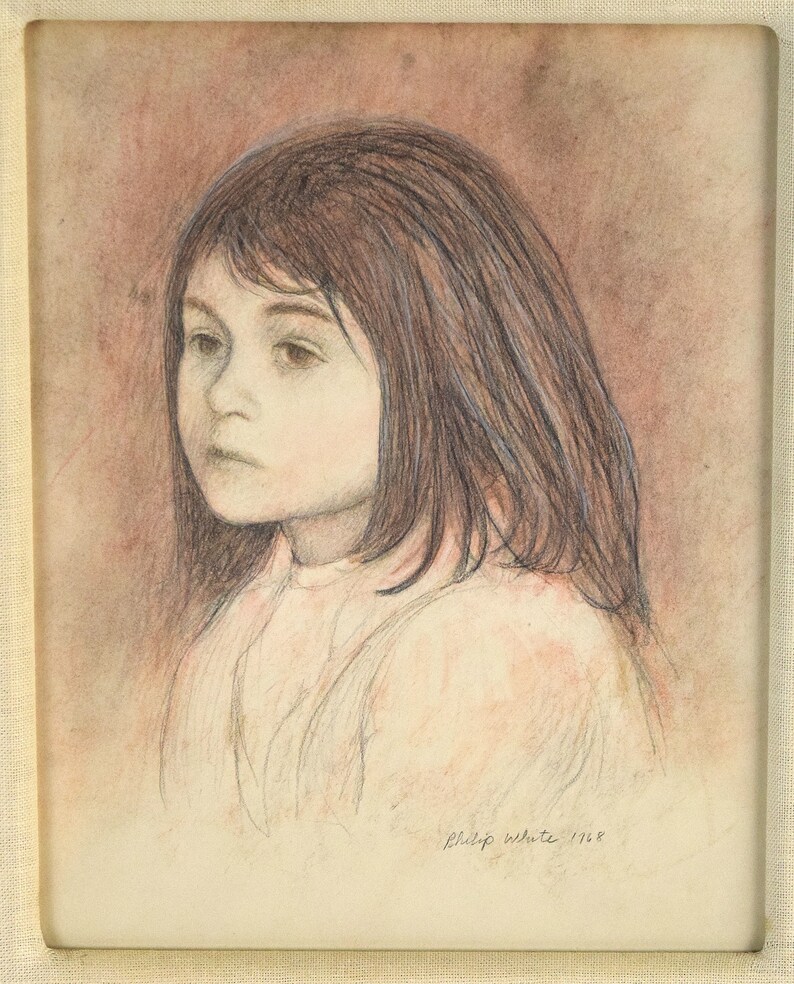 1968 Philip Butler White Colored Pencil Portrait of Young Girl Chicago artist image 2