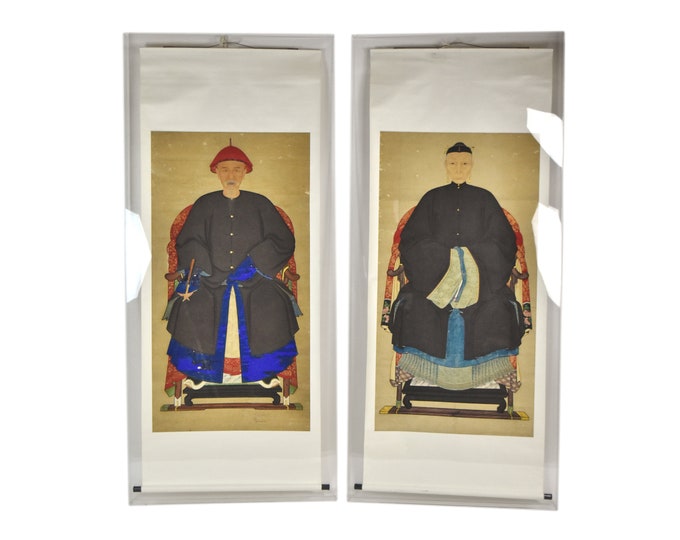 Pair 7 ft Antique Chinese Scroll Paintings Ancestor Portraits Lucite Display Boxes