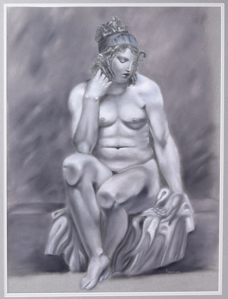Whimsical Original Pastel Drawing Portrait Rubenesque Nude w Knees Against Glass image 2