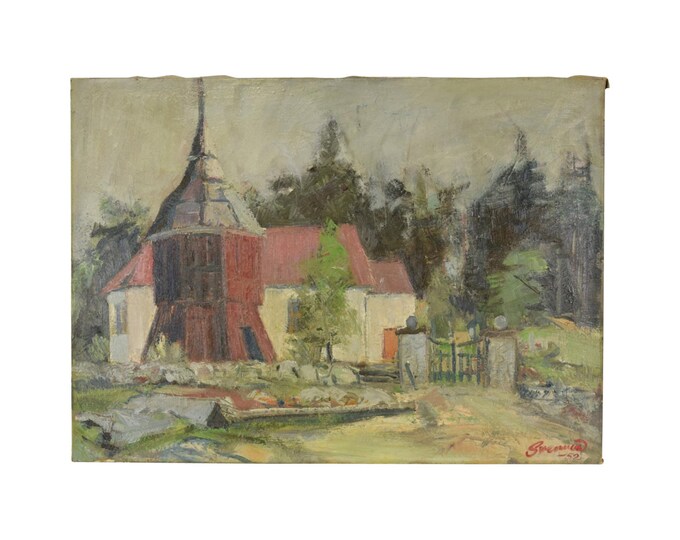 Vintage 1952 Impressionist Oil Painting Bramult Church Boras Sweden by Svennow