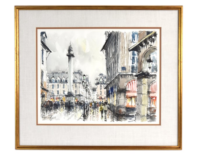 Vintage Midcentury Modern Painting Abstract Paris Streetscene w Monunment sgd