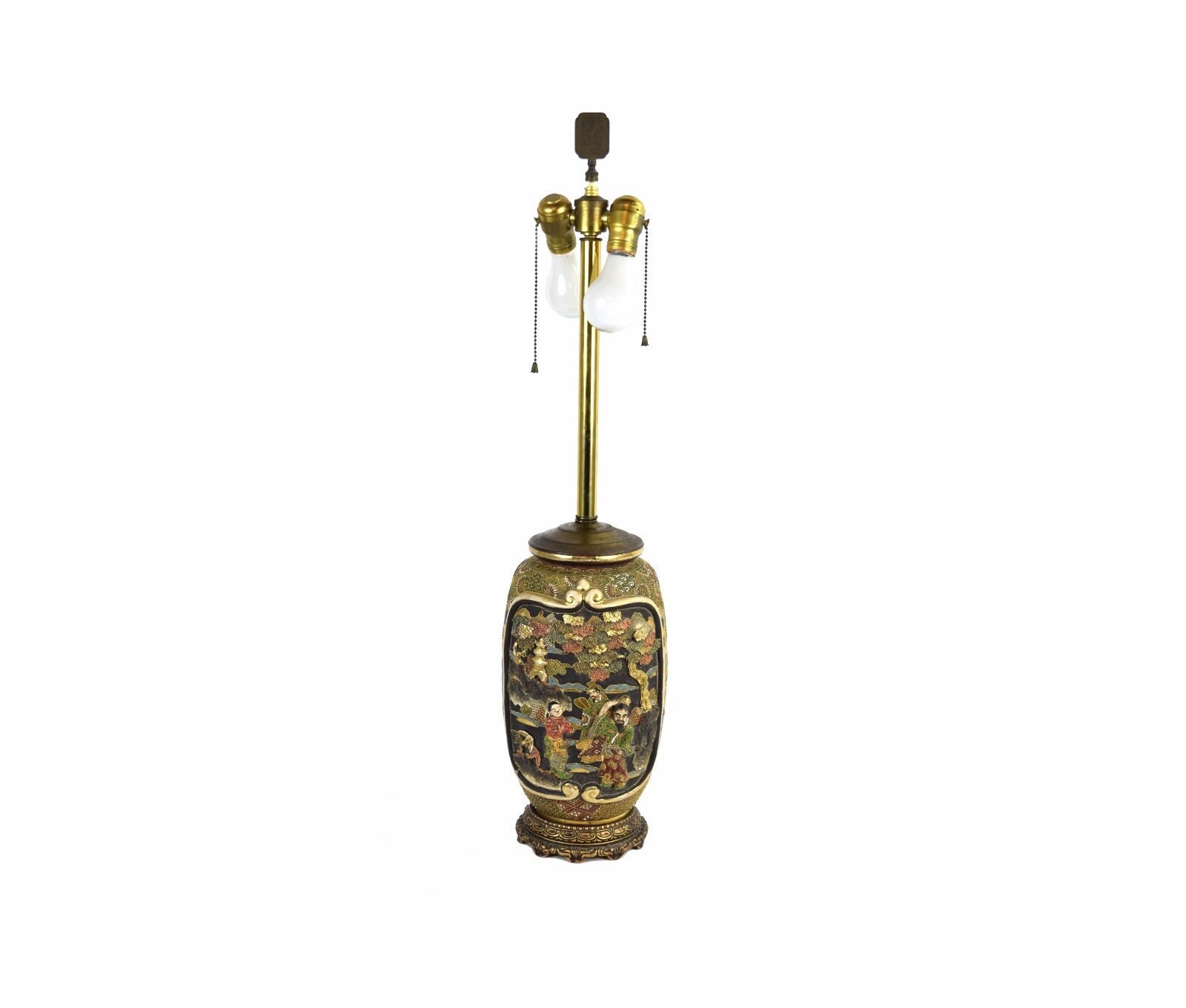 Antique Japanese Satsuma Bas Relief Immortals Vase Table Lamp