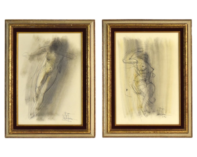 Pair Midcentury Modern Abstract Nude Figure Study Pen Ink Gouache Paintings Signed