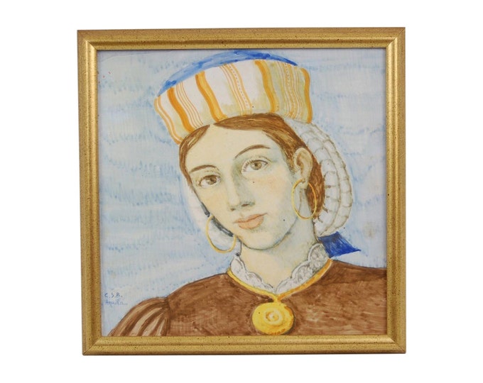 Handpainted Faience Pottery Tile Portrait Plaque of Young Woman signed Aquila