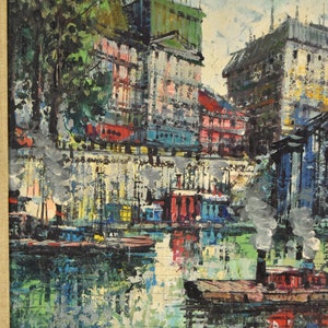 Vintage Midcentury Modern Oil Painting Seine River Barges under Bridge Paris sgd image 5