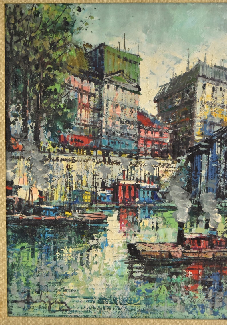 Vintage Midcentury Modern Oil Painting Seine River Barges under Bridge Paris sgd image 5