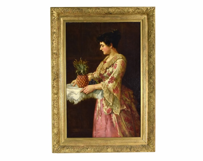 19th C. Granville Eliot Victorian Oil Painting Portrait Beautiful Woman w Pineapple