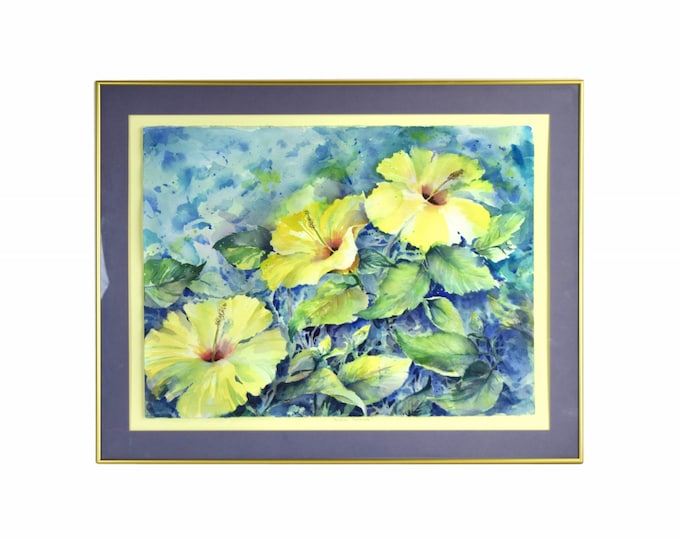 Vintage Still Life Watercolor Painting “Summer Serenade” Yellow Hibiscus Flowers Higgs