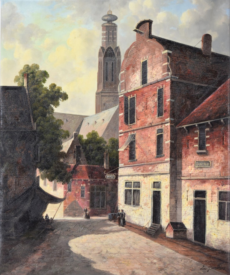 Oil Painting European Village Scene With Cathedral Tower Etsy