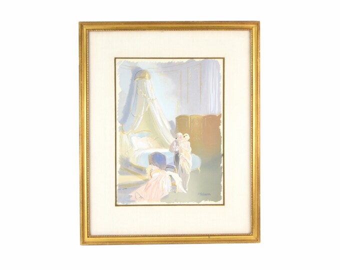 Vintage 1950’s Gouache Painting Nude Lovers Getting Intimate in Bedroom