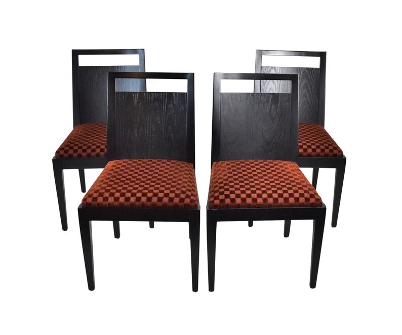 Set 4 Dessin Fournir Gerard Burdett Side Dining Chairs Black Noir w Check Velvet Upholstery image 2