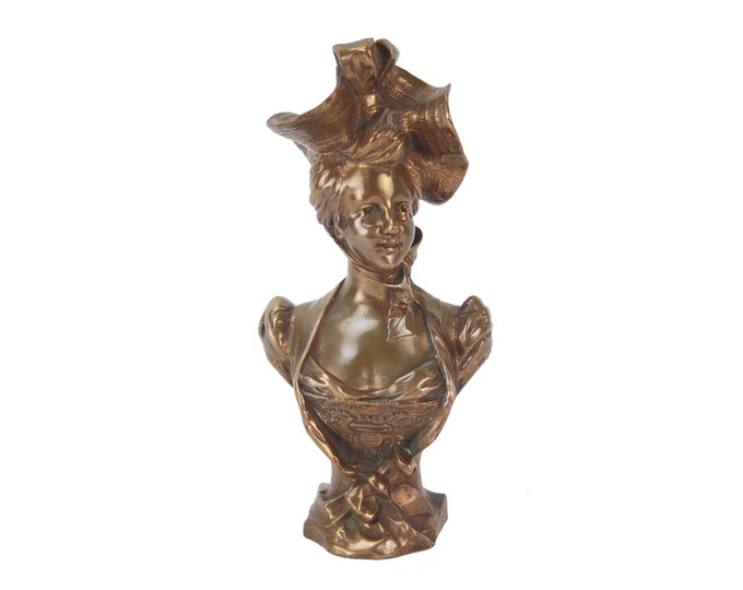 1893 French Bronze Bust Beautiful Woman in Elaborate Hat and Bustier signed Piquemal