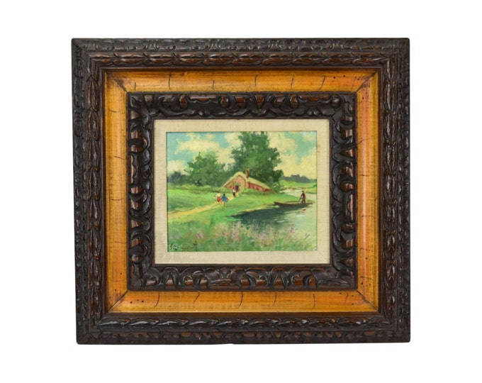 Vintage Pastoral Landscape Oil Painting with Family at Riverside Cottage